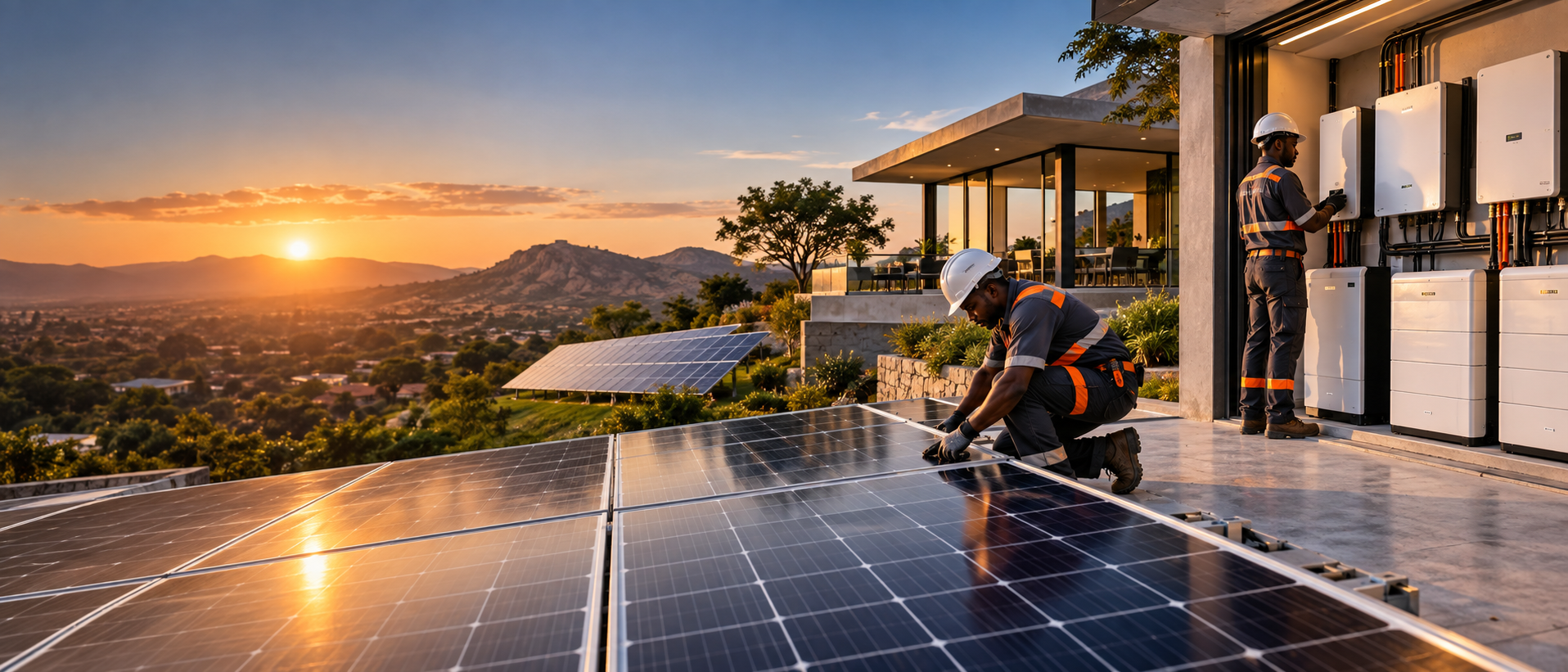 Solar Shack technicians installing a modern solar energy system in Zimbabwe